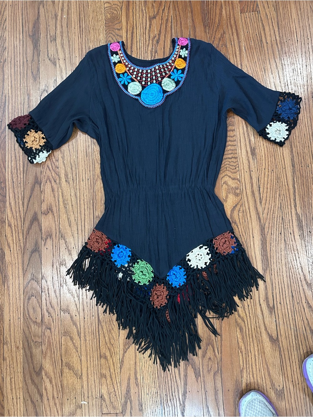 Black Boho Crochet Fringe Tunic top / Coverup with Colorful Embroidery